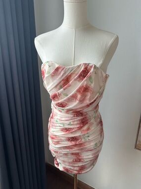 Windsor Strapless Floral Ruched Mini Dress Pink Femenine Coquette Size XS